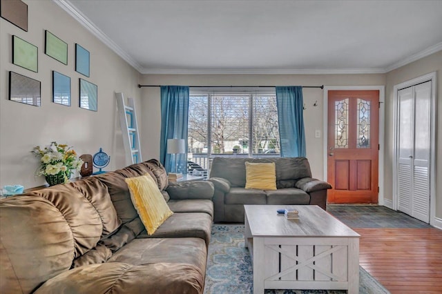 3034 Wolcott St, Ferndale, MI 48220 - living area featuring baseboards, ornamental molding, and wood finished floors