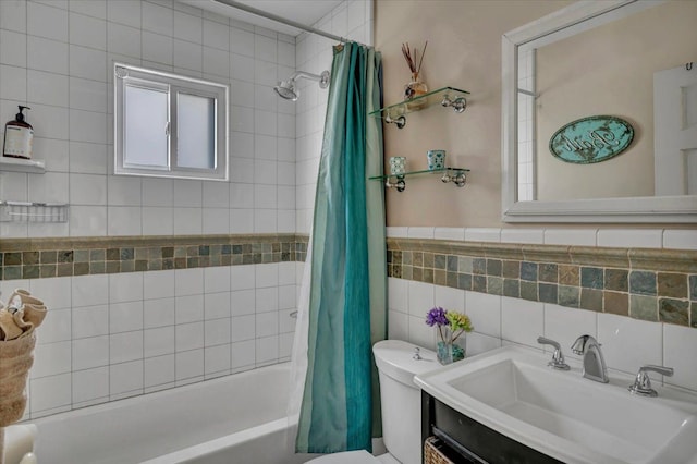 3034 Wolcott St, Ferndale, MI 48220 - full bath featuring vanity, shower / bath combo, a wainscoted wall, toilet, and tile walls