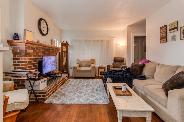 living area featuring wood finished floors and a fireplace