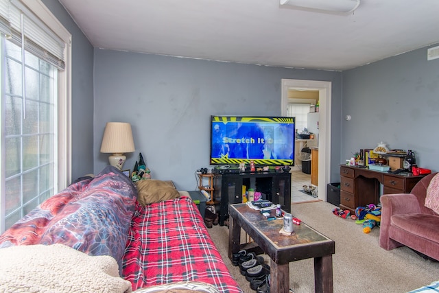 living room with carpet floors and visible vents