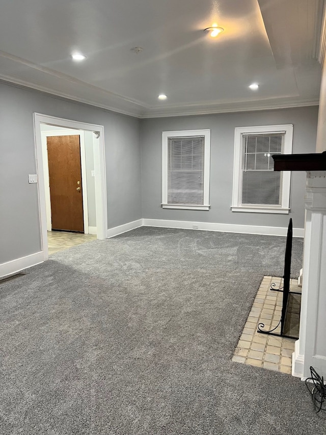 8451 La Salle Blvd, Detroit, MI 48206 - unfurnished living room with carpet flooring, ornamental molding, baseboards, and recessed lighting