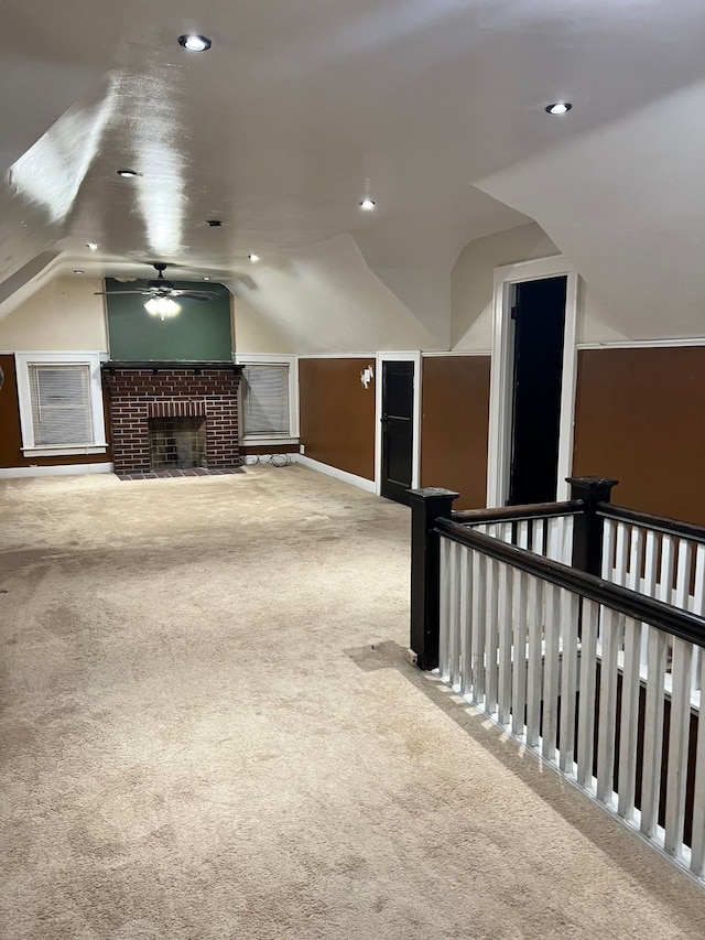 8451 La Salle Blvd, Detroit, MI 48206 - bonus room featuring carpet flooring, a brick fireplace, ceiling fan, recessed lighting, and vaulted ceiling