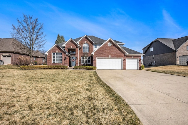 1615 Royal Birkdale Dr, Oxford, MI 48371 - view of front of house with driveway, brick siding, a garage, and a front lawn