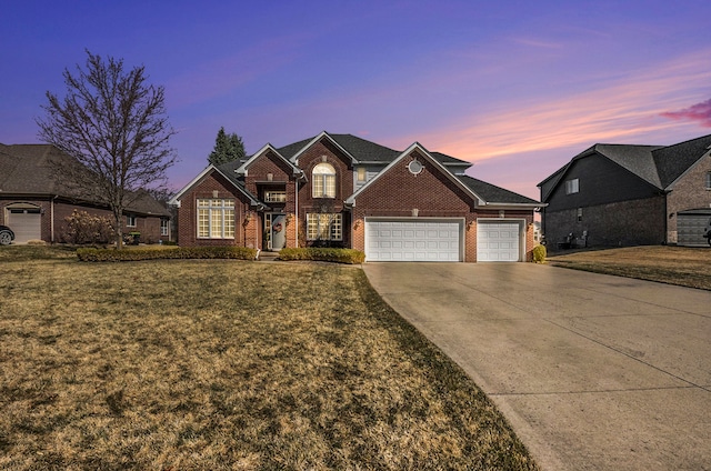 1615 Royal Birkdale Dr, Oxford, MI 48371 - view of front of house with a front lawn, an attached garage, brick siding, and concrete driveway