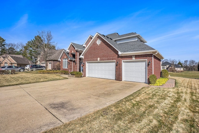1615 Royal Birkdale Dr, Oxford, MI 48371 - view of front of property featuring an attached garage, concrete driveway, a front yard, brick siding, and a shingled roof