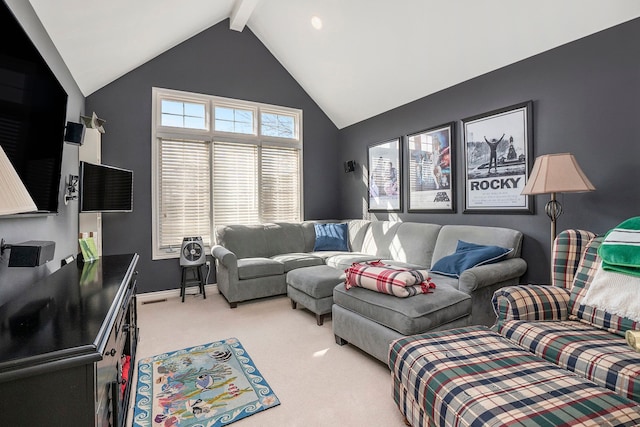 1615 Royal Birkdale Dr, Oxford, MI 48371 - living room featuring baseboards, carpet floors, high vaulted ceiling, and beam ceiling