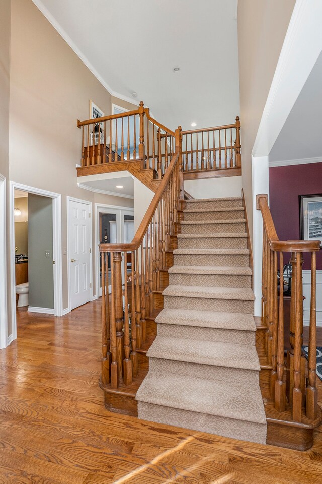 1615 Royal Birkdale Dr, Oxford, MI 48371 - stairway featuring baseboards, a towering ceiling, wood finished floors, and crown molding
