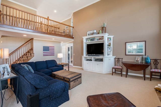 1615 Royal Birkdale Dr, Oxford, MI 48371 - living room with a high ceiling, light carpet, baseboards, and stairs