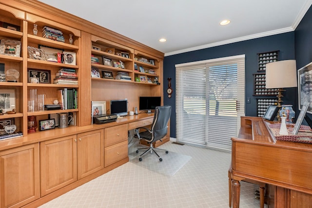 1615 Royal Birkdale Dr, Oxford, MI 48371 - carpeted office space with built in study area, crown molding, and recessed lighting