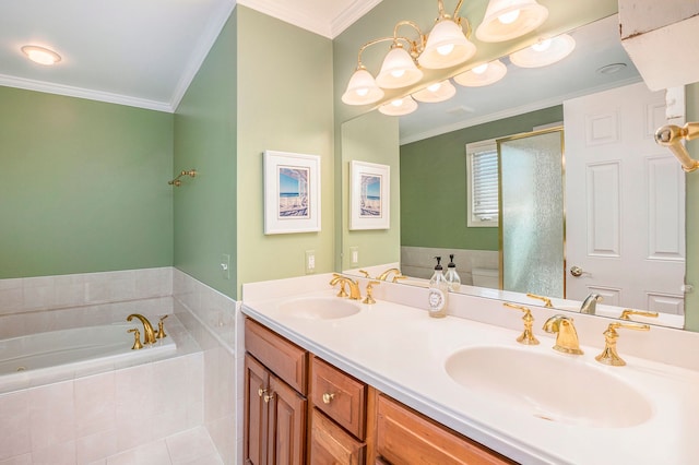 1615 Royal Birkdale Dr, Oxford, MI 48371 - bathroom with a bath, double vanity, a sink, and crown molding