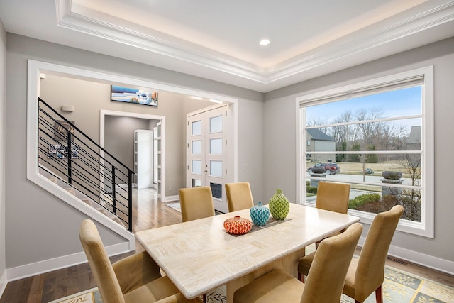 1686 Traceky, Rochester Hills, MI 48306 - dining room featuring a tray ceiling, recessed lighting, stairs, and baseboards