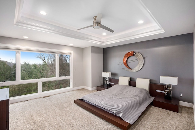 1686 Traceky, Rochester Hills, MI 48306 - carpeted bedroom with a tray ceiling, recessed lighting, baseboards, and ceiling fan