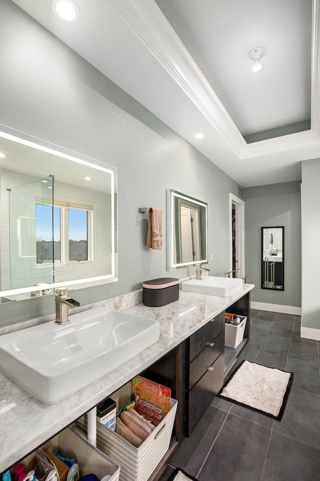 1686 Traceky, Rochester Hills, MI 48306 - bathroom featuring double vanity, tile patterned floors, recessed lighting, and a shower
