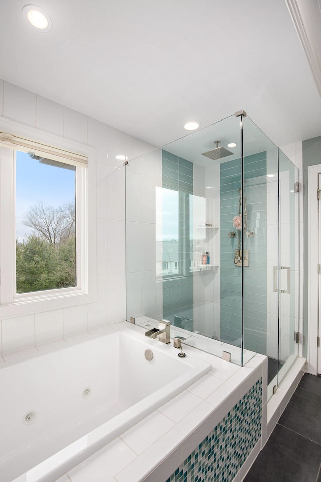 1686 Traceky, Rochester Hills, MI 48306 - bathroom featuring a shower stall, a whirlpool tub, tile patterned flooring, and recessed lighting