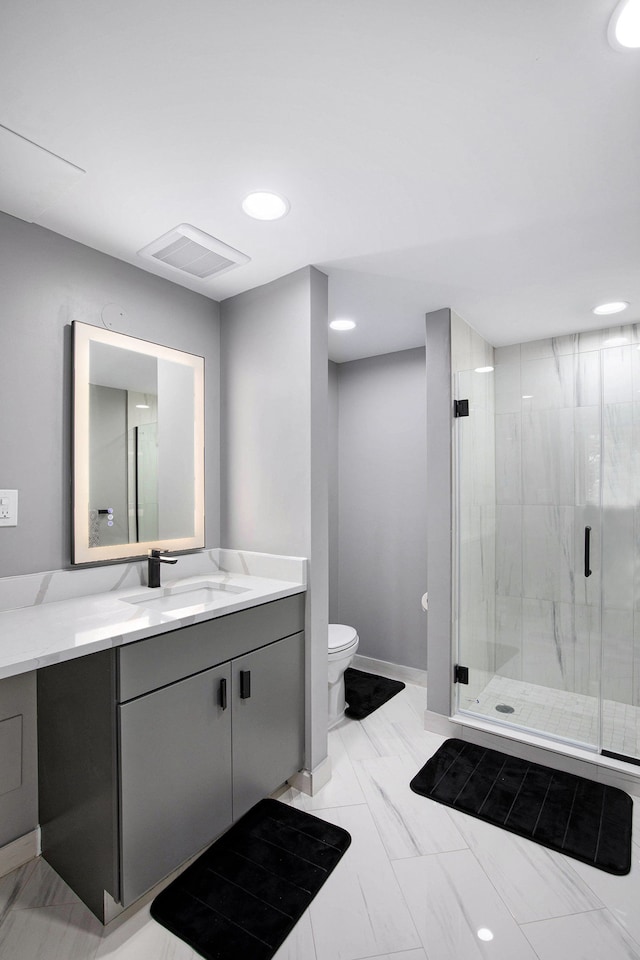 1686 Traceky, Rochester Hills, MI 48306 - bathroom with toilet, a shower stall, vanity, marble finish flooring, and recessed lighting
