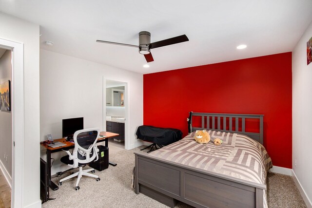 1686 Traceky, Rochester Hills, MI 48306 - carpeted bedroom featuring baseboards, recessed lighting, an office area, ceiling fan, and connected bathroom