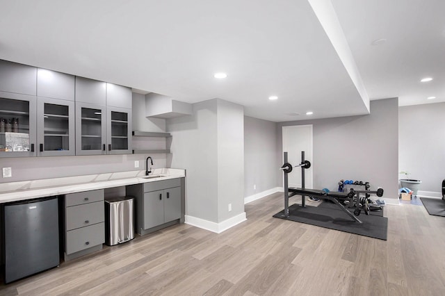 1686 Traceky, Rochester Hills, MI 48306 - kitchen with gray cabinets, refrigerator, open shelves, light wood-type flooring, and baseboards