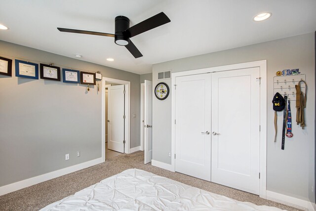 1686 Traceky, Rochester Hills, MI 48306 - bedroom with recessed lighting, baseboards, light colored carpet, a closet, and a ceiling fan