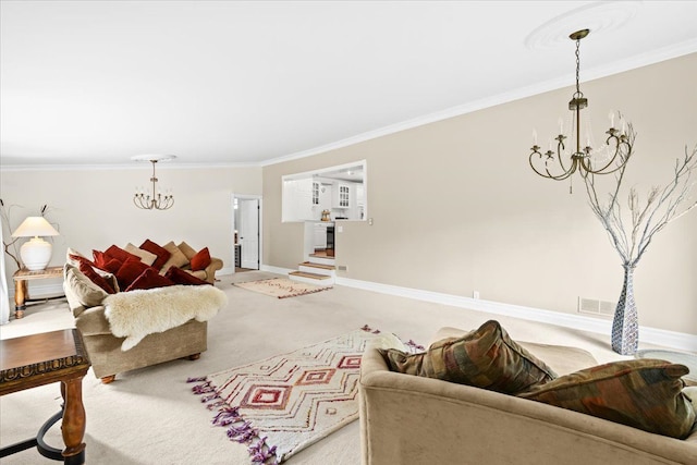 2865 Steeple Hill Rd, White Lake, MI 48383 - living area with a chandelier, light colored carpet, crown molding, and baseboards