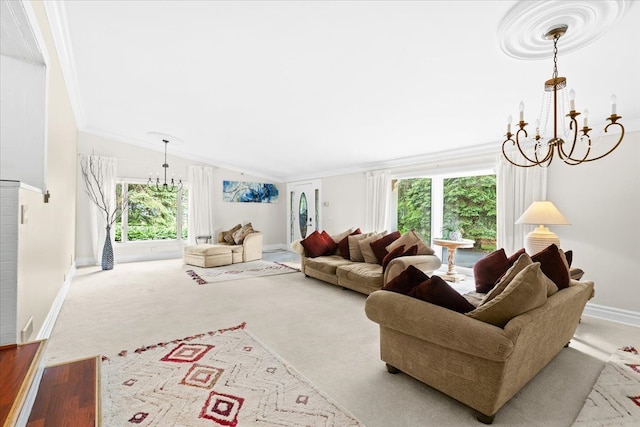 2865 Steeple Hill Rd, White Lake, MI 48383 - carpeted living room featuring a chandelier, healthy amount of natural light, baseboards, vaulted ceiling, and crown molding
