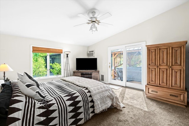 2865 Steeple Hill Rd, White Lake, MI 48383 - carpeted bedroom with access to outside, lofted ceiling, ceiling fan, and an AC wall unit