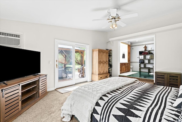 2865 Steeple Hill Rd, White Lake, MI 48383 - carpeted bedroom featuring access to exterior, a wall unit AC, baseboards, and a ceiling fan