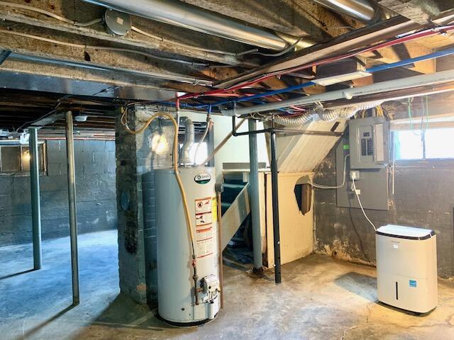 below grade area featuring water heater and electric panel