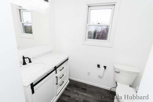 11724 N Satterlee Rd, Lakeview, MI 48850 - bathroom with vanity, toilet, wood finished floors, and baseboards