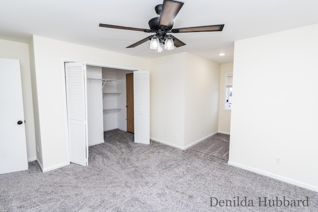 11724 N Satterlee Rd, Lakeview, MI 48850 - unfurnished bedroom featuring carpet floors, a closet, baseboards, and a ceiling fan