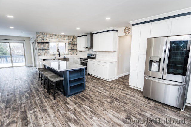 11724 N Satterlee Rd, Lakeview, MI 48850 - kitchen featuring open shelves, stainless steel appliances, tasteful backsplash, dark wood-style floors, and recessed lighting
