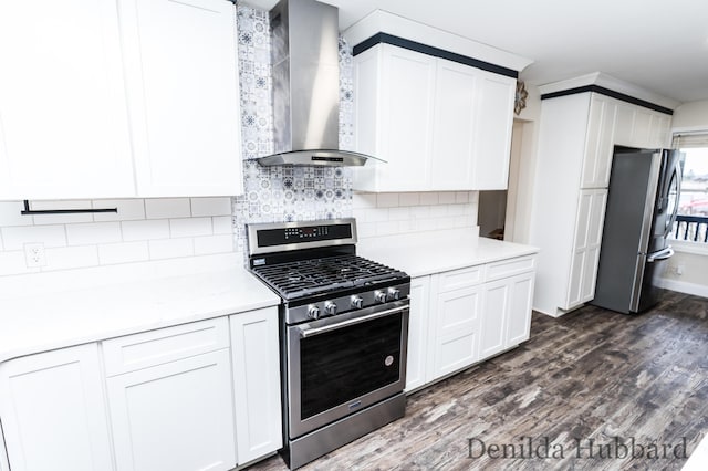 11724 N Satterlee Rd, Lakeview, MI 48850 - kitchen with appliances with stainless steel finishes, wall chimney range hood, dark wood-style flooring, light countertops, and backsplash