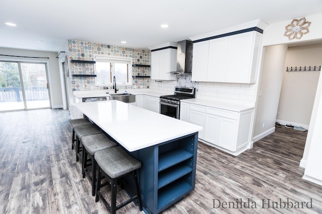 11724 N Satterlee Rd, Lakeview, MI 48850 - kitchen featuring open shelves, stainless steel range with gas stovetop, wall chimney range hood, a sink, and tasteful backsplash