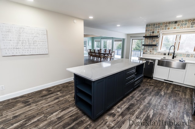 11724 N Satterlee Rd, Lakeview, MI 48850 - kitchen featuring open shelves, a sink, dishwasher, dark wood-style floors, and recessed lighting