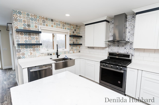 11724 N Satterlee Rd, Lakeview, MI 48850 - kitchen with open shelves, stainless steel appliances, wall chimney exhaust hood, a sink, and wood finished floors