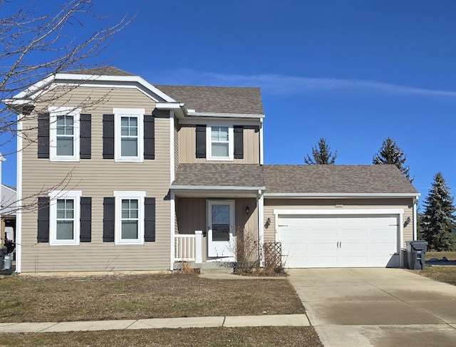 traditional-style house featuring an attached garage, a shingled roof, concrete driveway, and board and batten siding
