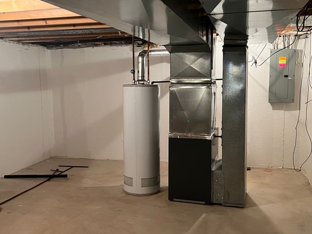 utility room with electric panel, heating unit, and gas water heater