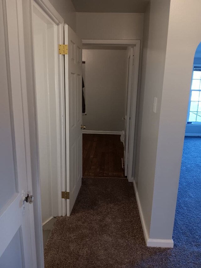 19726 Moross Rd, Detroit, MI 48224 - hallway with carpet floors, arched walkways, and baseboards