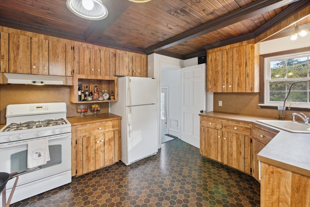 21124 Thorofare Rd, Grosse Ile, MI 48138 - kitchen featuring a sink, white appliances, wood ceiling, under cabinet range hood, and beam ceiling