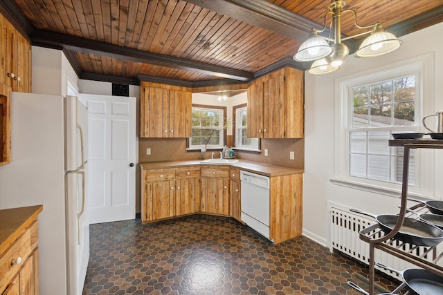 21124 Thorofare Rd, Grosse Ile, MI 48138 - kitchen with wooden ceiling, beamed ceiling, white appliances, and radiator heating unit