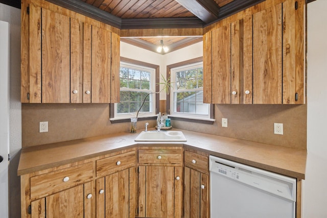 21124 Thorofare Rd, Grosse Ile, MI 48138 - kitchen with light countertops, a sink, white dishwasher, brown cabinetry, and wooden ceiling