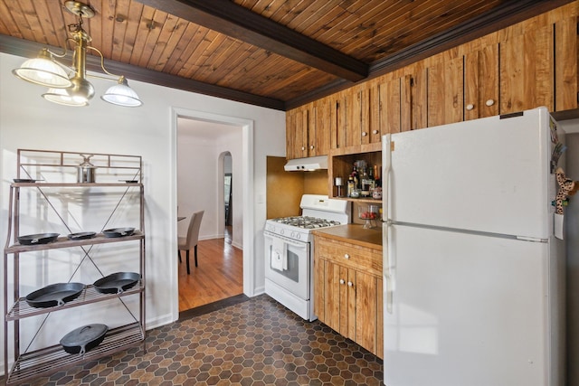 21124 Thorofare Rd, Grosse Ile, MI 48138 - kitchen featuring white appliances, arched walkways, beamed ceiling, wooden ceiling, and under cabinet range hood