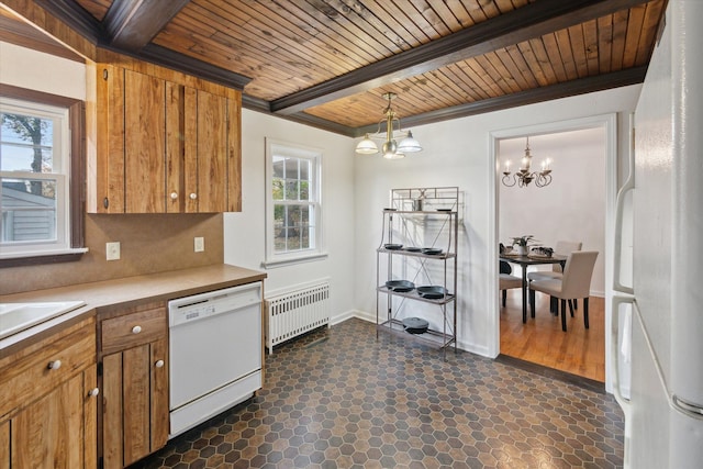 21124 Thorofare Rd, Grosse Ile, MI 48138 - kitchen with wooden ceiling, brown cabinets, radiator heating unit, and white appliances