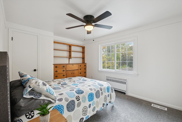 21124 Thorofare Rd, Grosse Ile, MI 48138 - carpeted bedroom with radiator heating unit, baseboards, visible vents, and ceiling fan