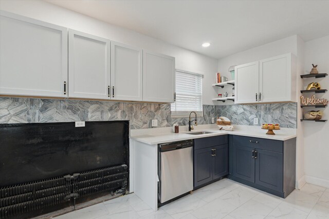 5784 Whittier St, Detroit, MI 48224 - kitchen featuring open shelves, dishwasher, marble finish floor, and a sink