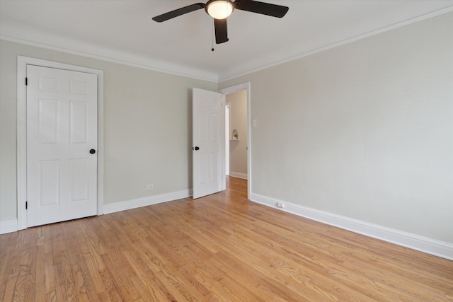 5784 Whittier St, Detroit, MI 48224 - unfurnished bedroom featuring ceiling fan, light wood-type flooring, ornamental molding, and baseboards