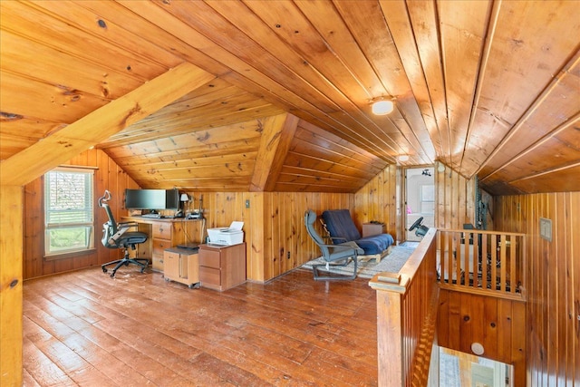 3440 Crandall Rd, Howell, MI 48855 - office area featuring lofted ceiling, wood walls, hardwood / wood-style floors, and wooden ceiling
