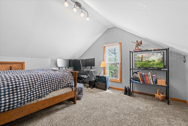 3440 Crandall Rd, Howell, MI 48855 - bedroom featuring carpet, vaulted ceiling, and baseboards