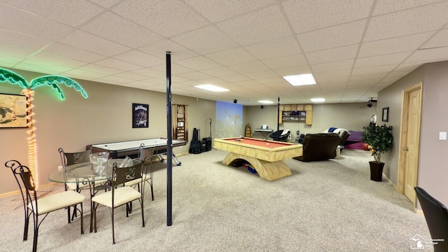 recreation room featuring baseboards, billiards, carpet, and a drop ceiling