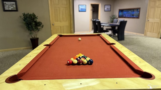 playroom with baseboards, billiards, and carpet