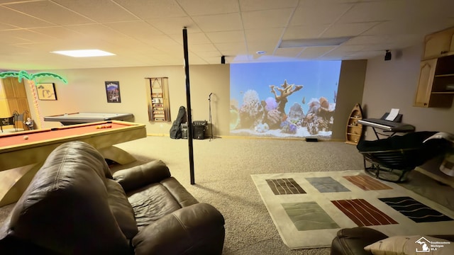 interior space featuring pool table, carpet floors, and a paneled ceiling